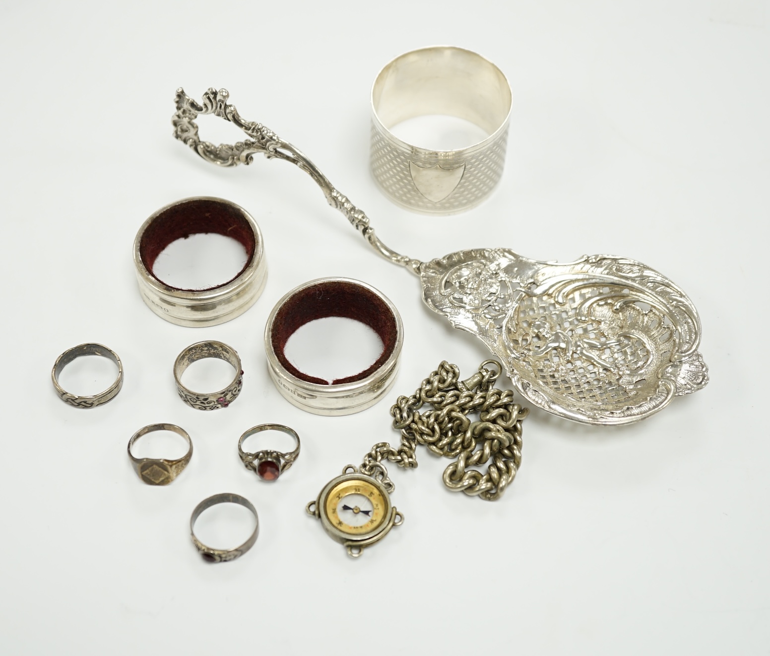 Sundry small silver and white metal items including, napkin ring, continental pierced spoon, etc.